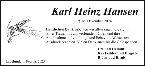 Traueranzeige von Karl Heinz Hansen von Husumer Nachrichten, Nordfriesland Tageblatt