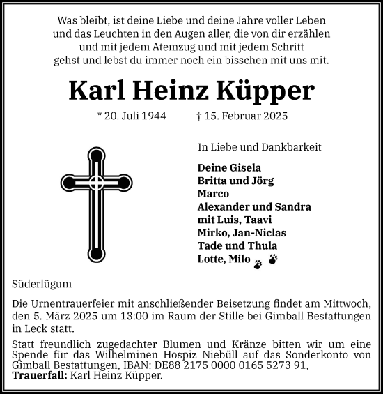 Traueranzeige von Karl Heinz Küpper von Husumer Nachrichten, Nordfriesland Tageblatt