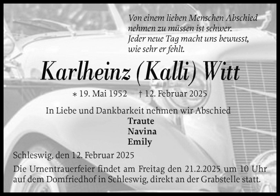 Traueranzeige von Karlheinz Witt von Schleswiger Nachrichten, Schlei-Bote