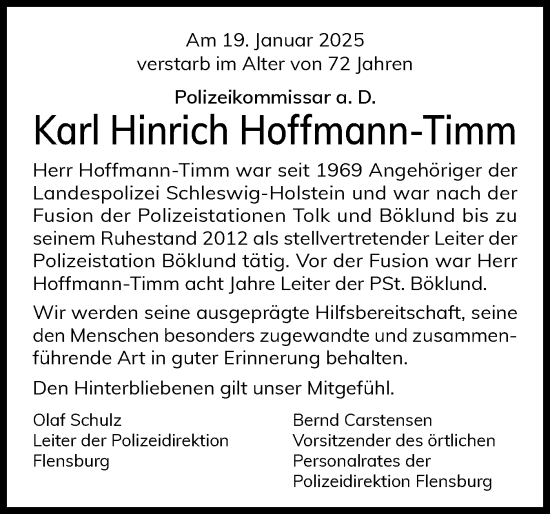 Traueranzeige von Karl Hinrich Hoffmann-Timm von Schleswiger Nachrichten, Schlei-Bote