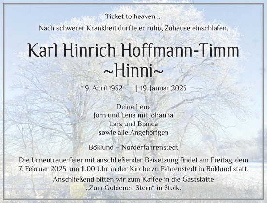 Traueranzeige von Karl Hinrich Hoffmann-Timm von Schleswiger Nachrichten, Schlei-Bote