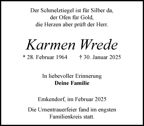 Traueranzeige von Karmen Wrede von Schleswig-Holsteinische Landeszeitung