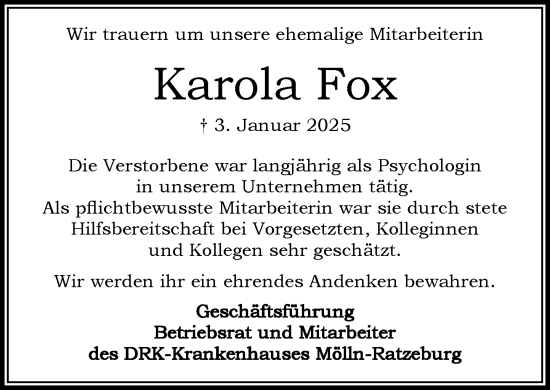 Traueranzeige von Karola Fox von MARKT Ratzeburg/Mölln