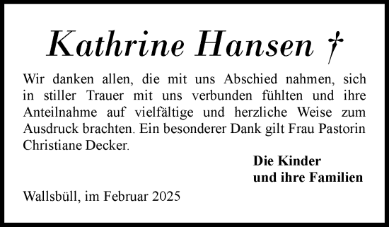 Traueranzeige von Kathrine Hansen von Region Flensburg