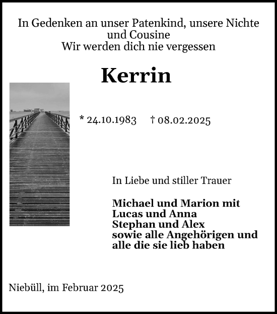 Traueranzeige von Kerrin Nicolaisen von Husumer Nachrichten, Nordfriesland Tageblatt