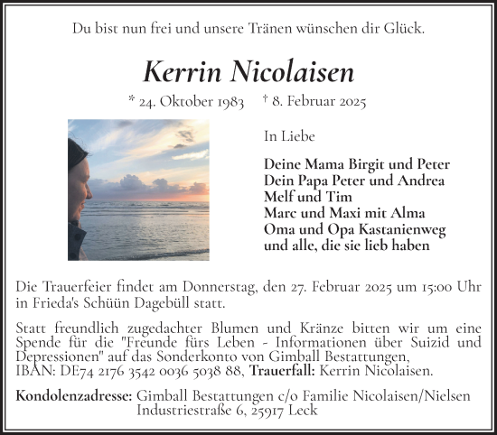Traueranzeige von Kerrin Nicolaisen von Husumer Nachrichten, Nordfriesland Tageblatt