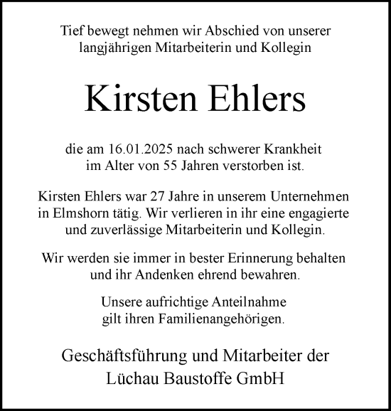 Traueranzeige von Kirsten Ehlers von Elmshorner Nachrichten, Barmstedter Zeitung