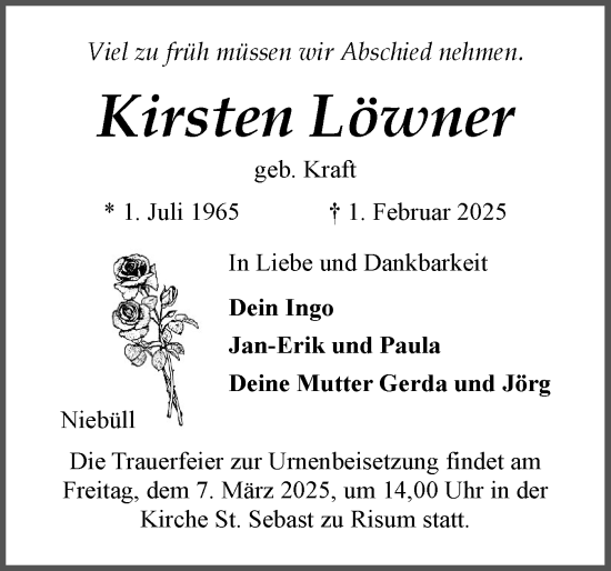 Traueranzeige von Kirsten Löwner von Husumer Nachrichten, Nordfriesland Tageblatt