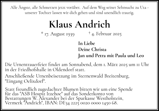 Traueranzeige von Klaus Andrich von Norddeutsche Rundschau, Wilstersche Zeitung, Glückstädter Fortuna