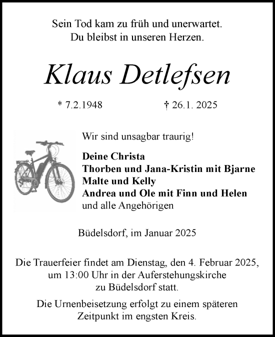 Traueranzeige von Klaus Detlefsen von Schleswig-Holsteinische Landeszeitung