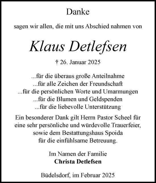 Traueranzeige von Klaus Detlefsen von Schleswig-Holsteinische Landeszeitung