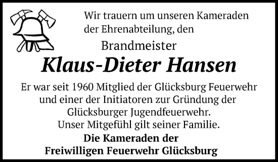 Traueranzeige von Klaus-Dieter Hansen von Flensburger Tageblatt