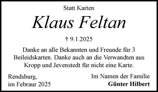 Traueranzeige von Klaus Feltan von Schleswig-Holsteinische Landeszeitung