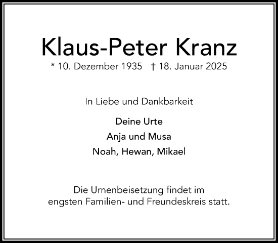 Traueranzeige von Klaus-Peter Kranz von Heimatspiegel
