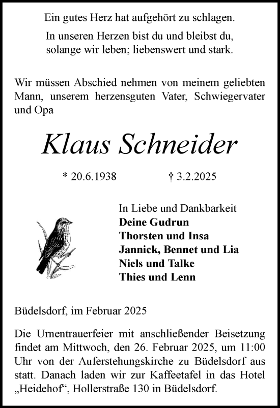 Traueranzeige von Klaus Schneider von Schleswig-Holsteinische Landeszeitung