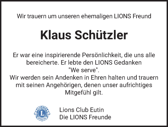 Traueranzeige von Klaus Schützler von Ostholsteiner Anzeiger