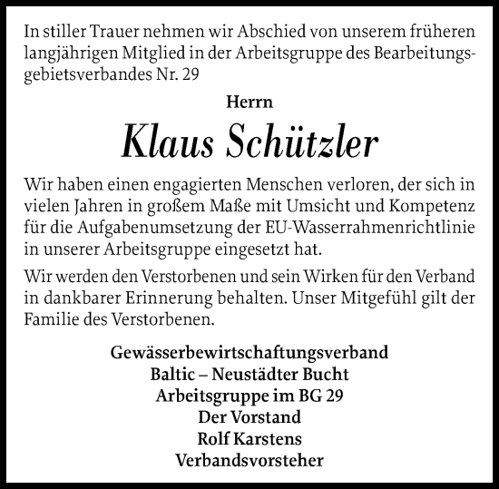 Traueranzeige von Klaus Schützler von Ostholsteiner Anzeiger
