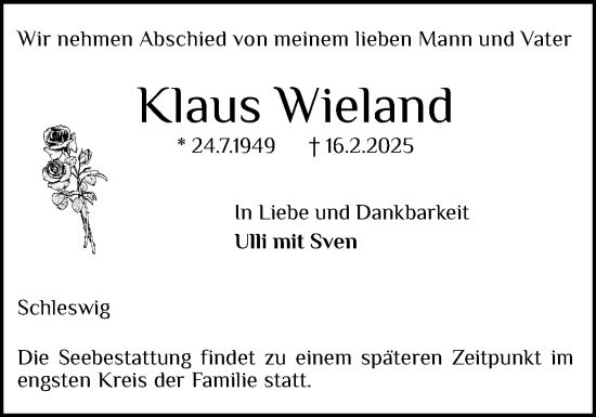 Traueranzeige von Klaus Wieland von Schleswiger Nachrichten, Schlei-Bote