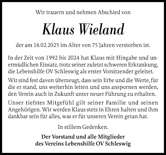 Traueranzeige von Klaus Wieland von Schleswiger Nachrichten, Schlei-Bote