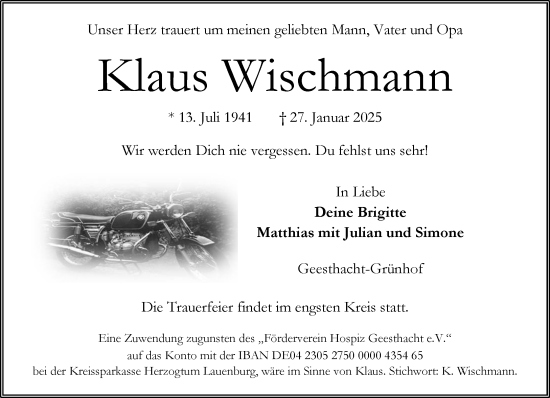 Traueranzeige von Klaus Wischmann von Wochenend Anzeiger
