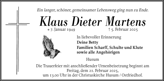 Traueranzeige von Klaus Dieter Martens von Husumer Nachrichten, Nordfriesland Tageblatt