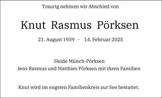 Traueranzeige von Knut Rasmus Pörksen von Der Insel-Bote