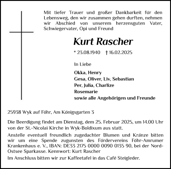 Traueranzeige von Kurt Rascher von Der Insel-Bote