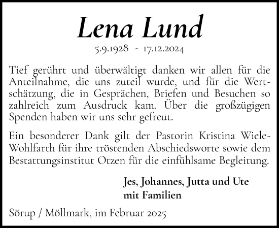 Traueranzeige von Lena Lund von Flensburger Tageblatt