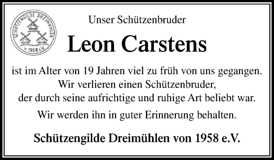 Traueranzeige von Leon Carstens von Die WochenSchau Gesamtausgabe