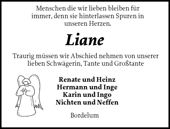 Traueranzeige von Liane  von Husumer Nachrichten, Nordfriesland Tageblatt