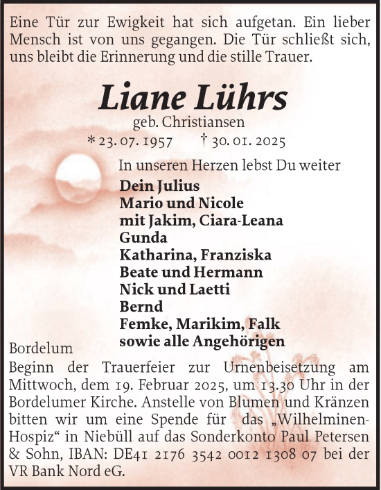 Traueranzeige von Liane Lührs von Husumer Nachrichten, Nordfriesland Tageblatt