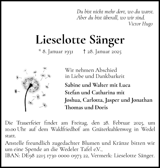 Traueranzeige von Lieselotte Sänger von Wedel-Schulauer Tageblatt, tip Wedel-Schulauer Tageblatt, tip Rissener Rundschau