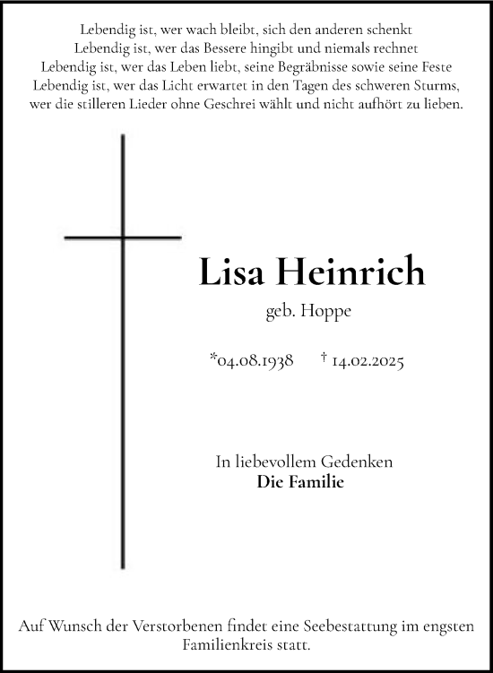 Traueranzeige von Lisa Heinrich von Wedel-Schulauer Tageblatt, tip Wedel-Schulauer Tageblatt, tip Rissener Rundschau