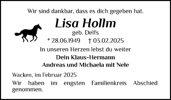 Traueranzeige von Lisa Hollm von Norddeutsche Rundschau, Wilstersche Zeitung, Glückstädter Fortuna