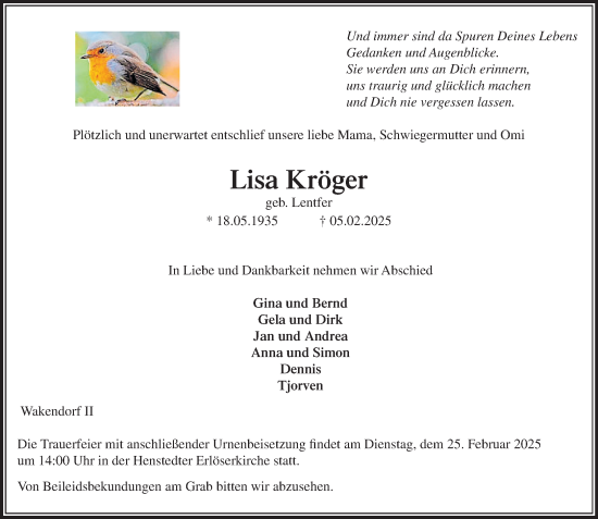 Traueranzeige von Lisa Kröger von Umschau