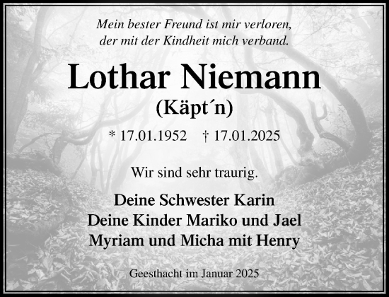 Traueranzeige von Lothar Niemann von Wochenend Anzeiger