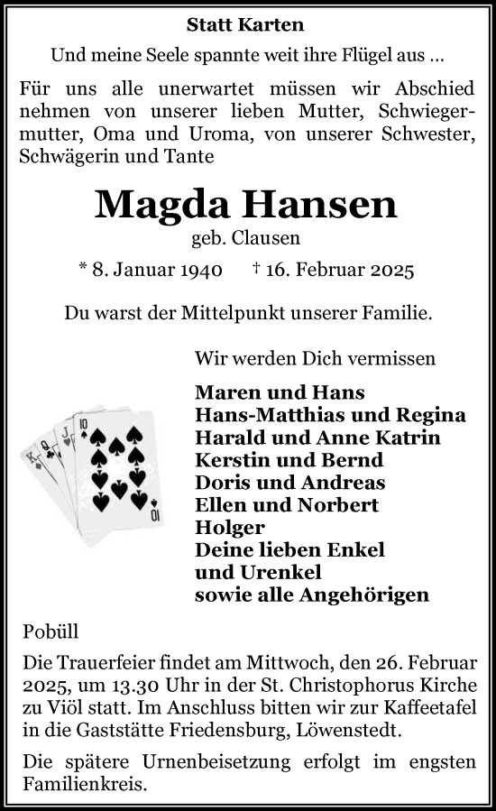 Traueranzeige von Magda Hansen von Husumer Nachrichten, Nordfriesland Tageblatt