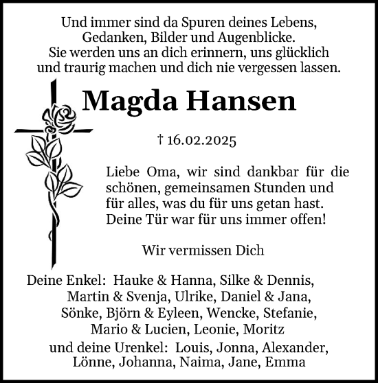 Traueranzeige von Magda Hansen von Region Westküste