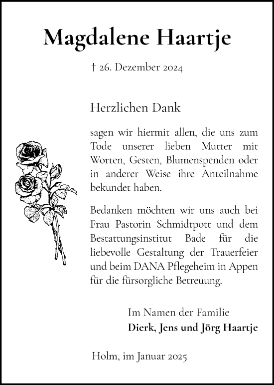 Traueranzeige von Magdalene Haartje von Region Pinneberg und tip Pinneberg
