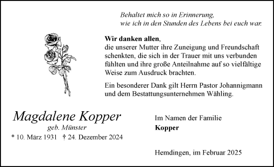 Traueranzeige von Magdalene Kopper von Elmshorner Nachrichten, Barmstedter Zeitung