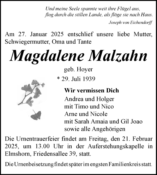 Traueranzeige von Magdalene Malzahn von Elmshorner Nachrichten, Barmstedter Zeitung