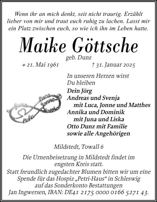 Traueranzeige von Maike Göttsche von Husumer Nachrichten, Nordfriesland Tageblatt