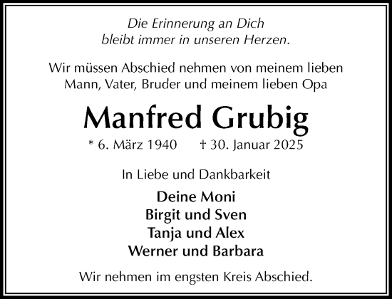 Traueranzeige von Manfred Grubig von Wochenend Anzeiger