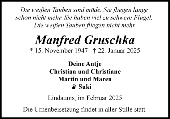 Traueranzeige von Manfred Gruschka von Schleswiger Nachrichten, Schlei-Bote