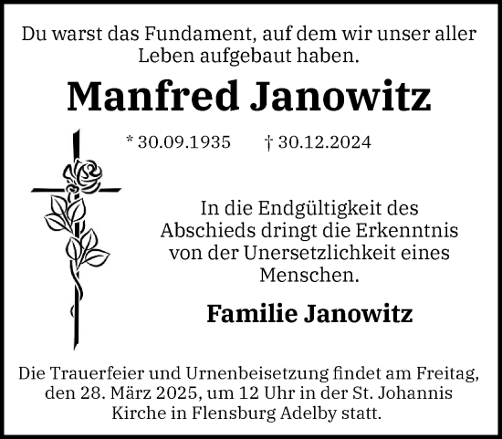 Traueranzeige von Manfred Janowitz von Flensburger Tageblatt