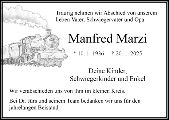 Traueranzeige von Manfred Marzi von MARKT Bad Oldesloe/Reinfeld, MARKT Ahrensburg/Bargteheide/Trittau und Stormarner Tageblatt