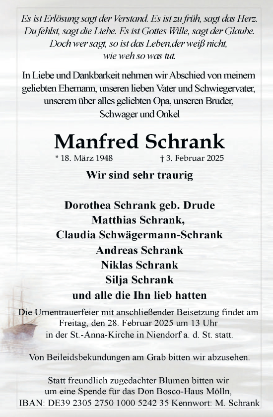 Traueranzeige von Manfred Schrank von MARKT Ratzeburg/Mölln