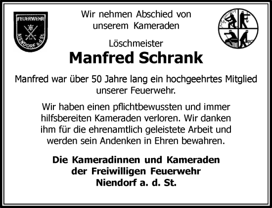 Traueranzeige von Manfred Schrank von MARKT Ratzeburg/Mölln