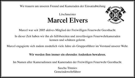 Traueranzeige von Marcel Elvers von Wochenend Anzeiger