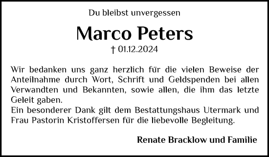 Traueranzeige von Marco Peters von Husumer Nachrichten, Nordfriesland Tageblatt